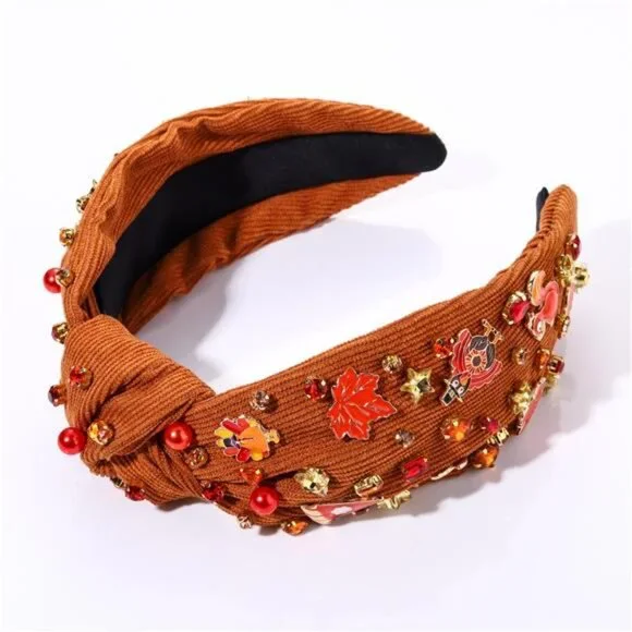 Sparkle & Shine Thanksgiving Headband - Beaded Turkey & Leaf Knotted Hair Access - Picture 2 of 7